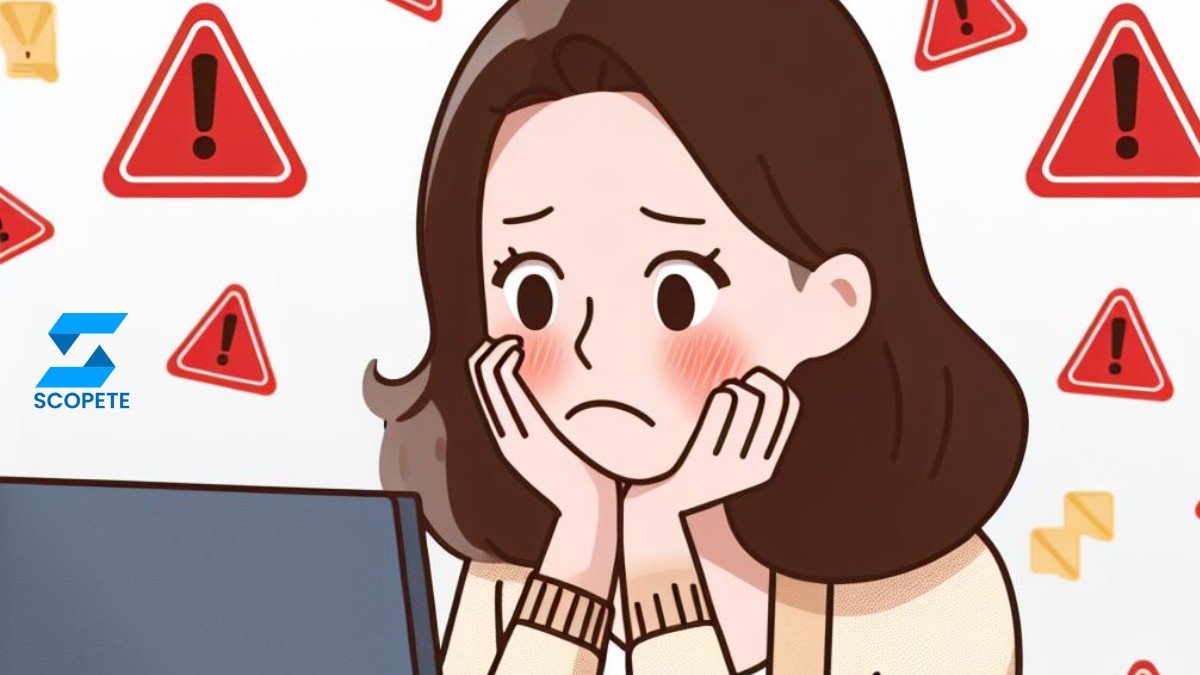 A person sitting at a computer desk, with a worried look on their face. The person is surrounded by red warning signs.