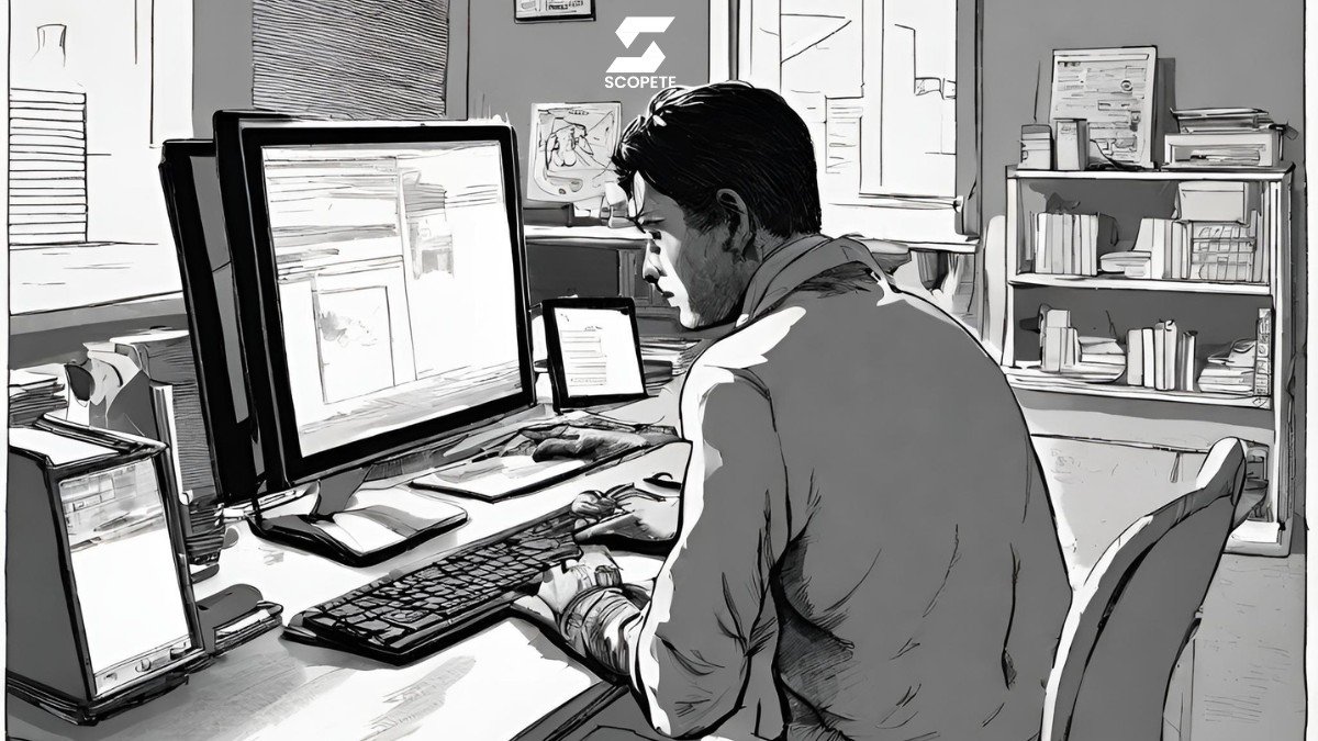 A person sitting at a computer desk, using a laptop. The person is looking at a screen, and their face is filled with concern.